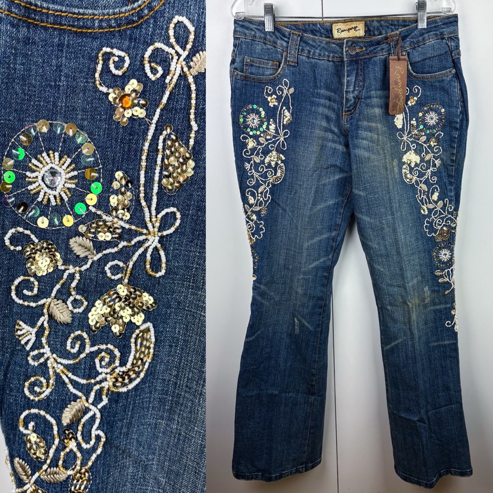 Vintage y2k Embellished Boot Cut Jeans with Embroidered Sequin Floral Accents